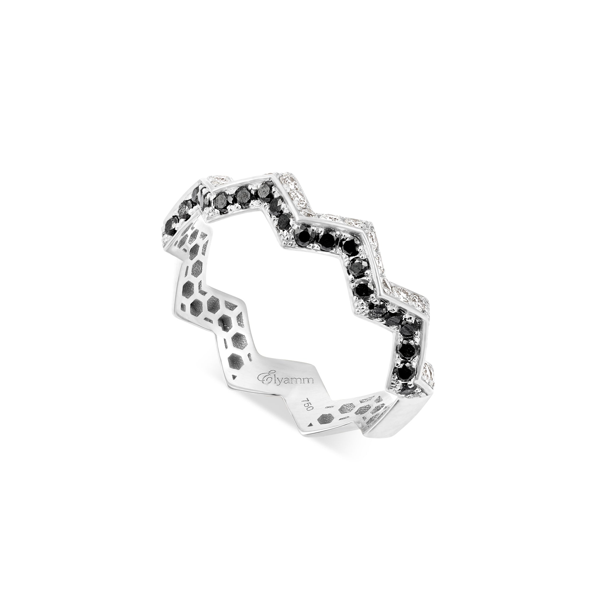 Split Zigzag Ring in White & Black Diamonds